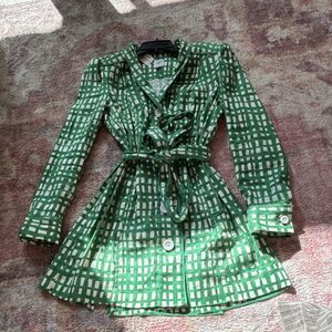 CAbi Green White Check Belted Trench Coat Women's M